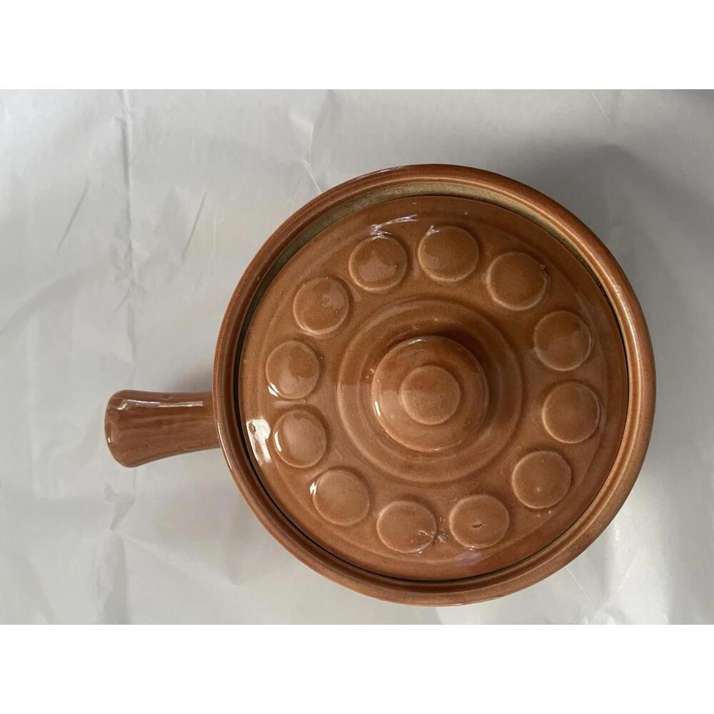 Vintage Made In USA Orange Bowl Lid Handle Stone Ware Soup Beans